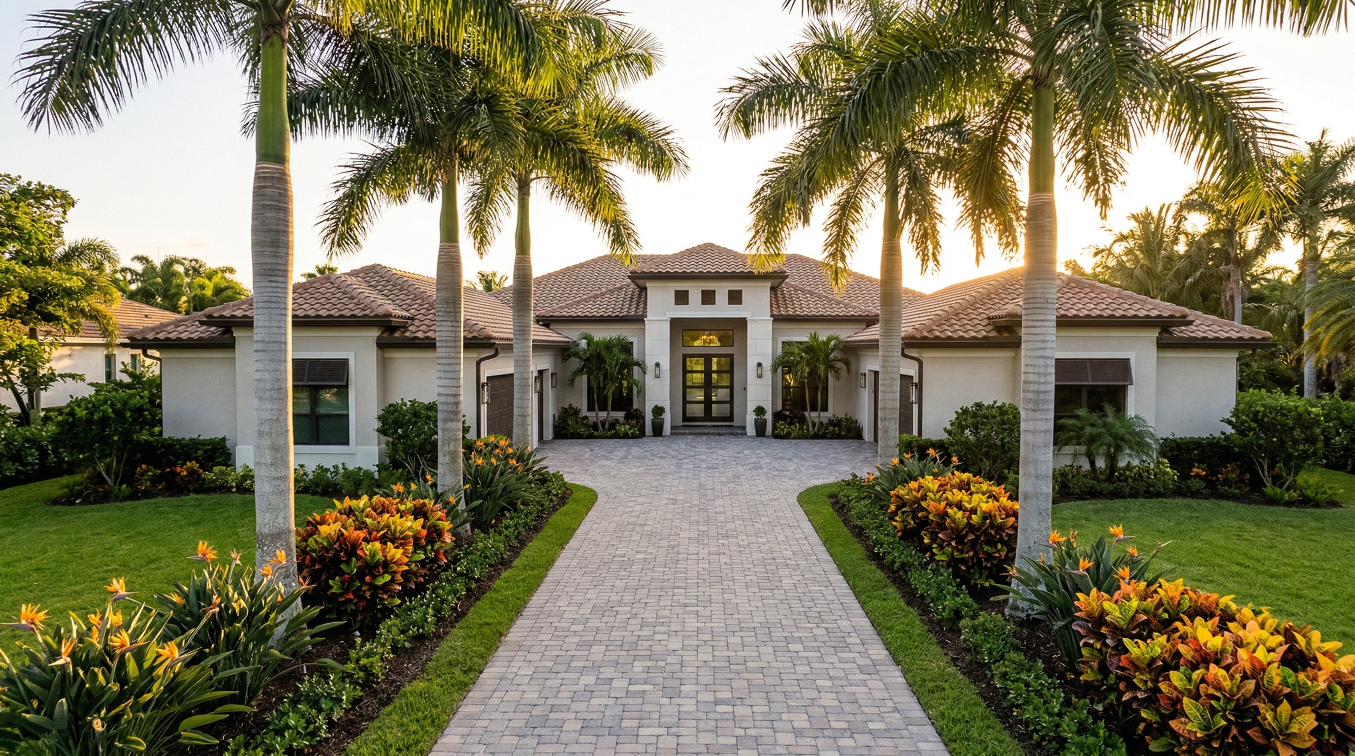 Luxury home entry with palm trees at sunset